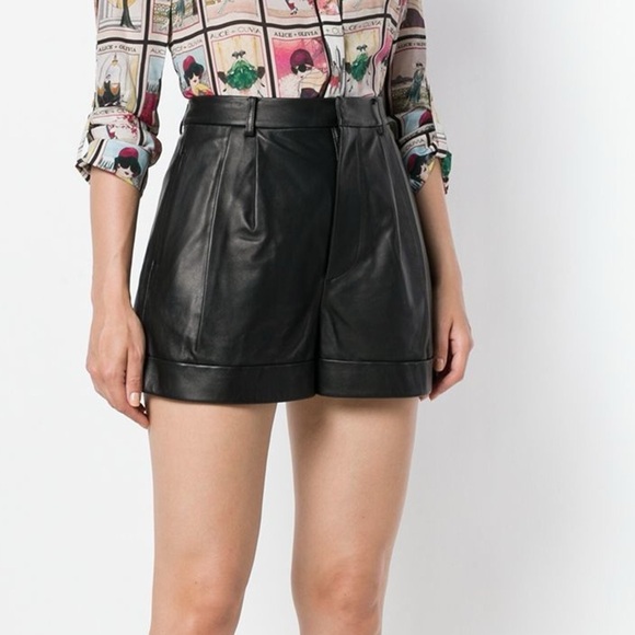 Alice + Olivia Pants - Alice + Olivia Conry Lamb Leather Cuffed Pleated Shorts High Rise Black